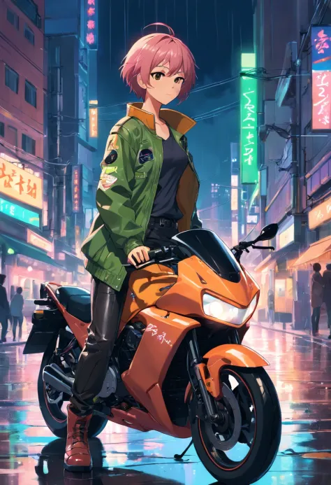 1 guy, Brown skin, Short pink hair, Brown eyes, wearing a brown coat, wearing black_Green leather jacket, Black leather pants, sitting on a cyberpunk motorcycle, At night, Black leather boots, the city street, The ground was wet with rain, fall, during nig...