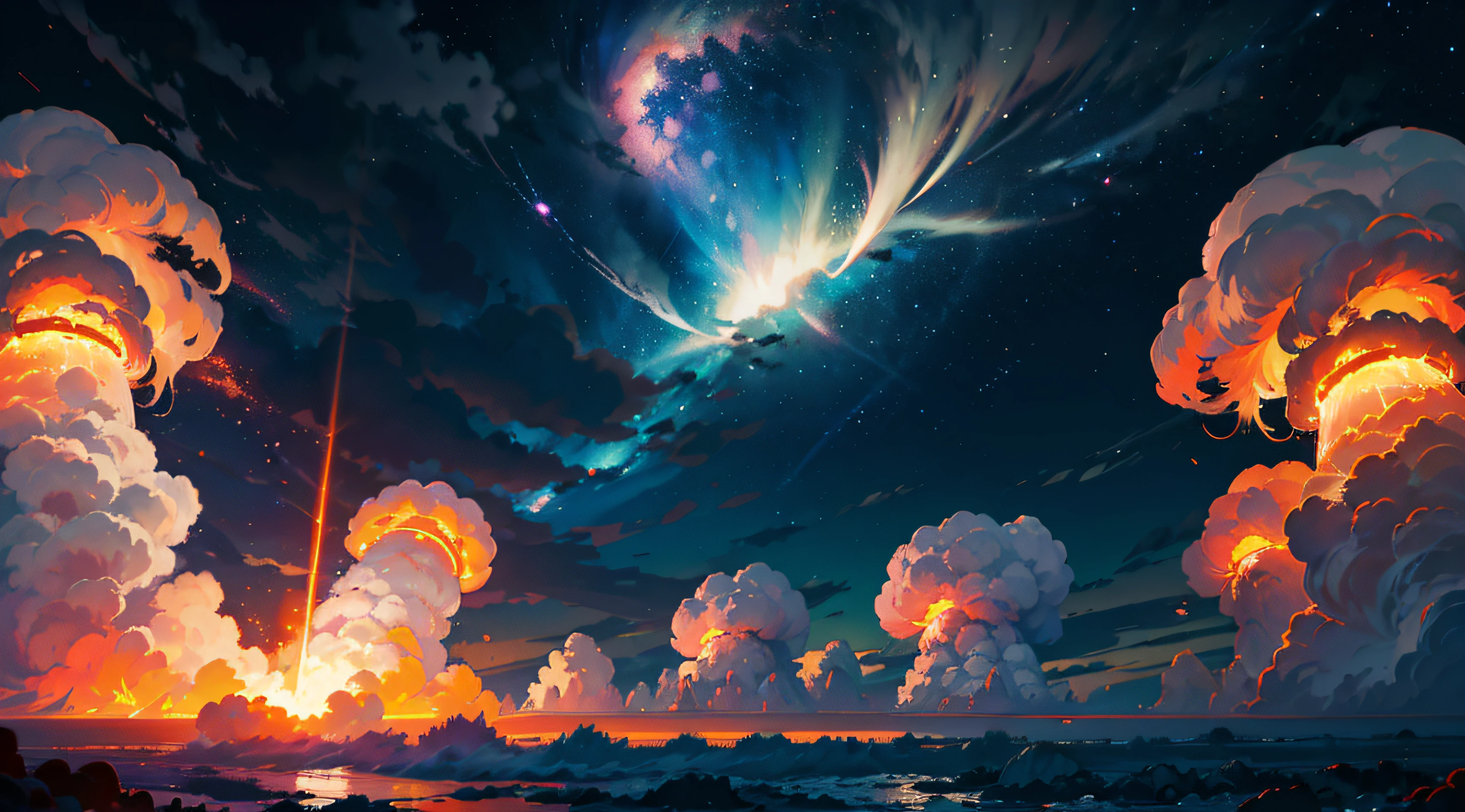 Ядерный взрыв днем и ночью. грозовое небо, ударная волна на фоне ядерного гриба в процессе выделения тепловой и лучистой энергии в результате неконтролируемого деления ядер