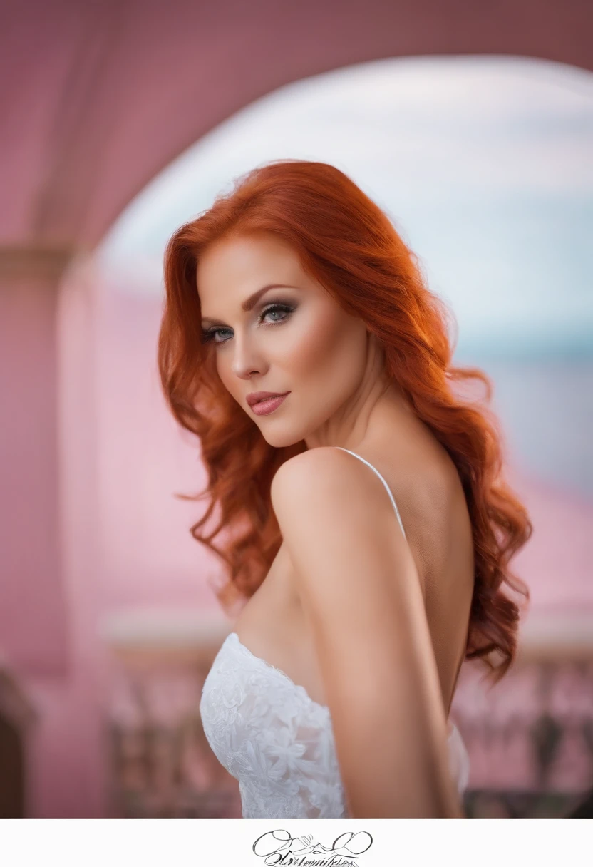 A close up of a woman with red hair and a white dress - SeaArt AI