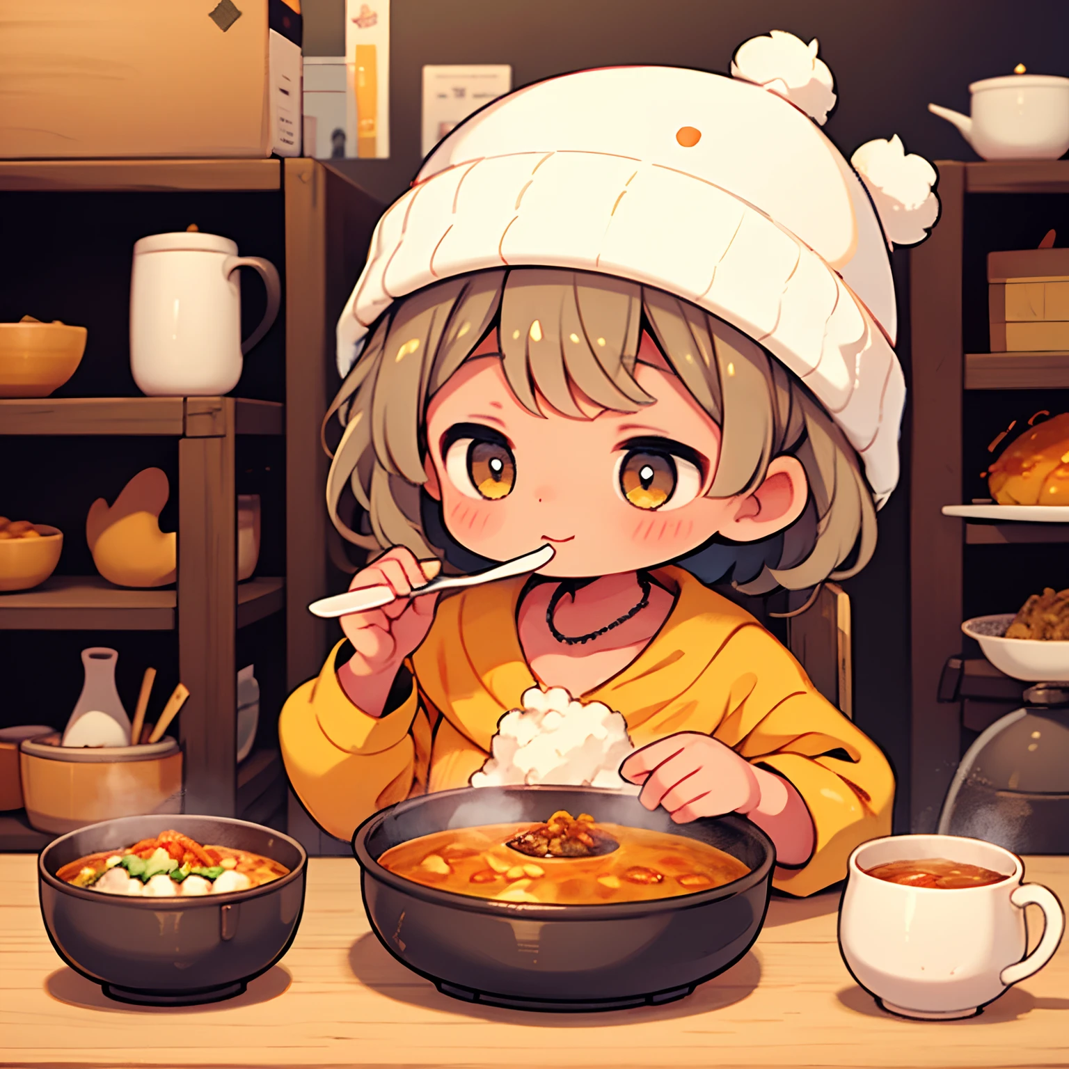 Little girl eating curry rice with spoon、happily face、Indian clothes and hats、(Brown skin)、​masterpiece、top-quality、Top image quality