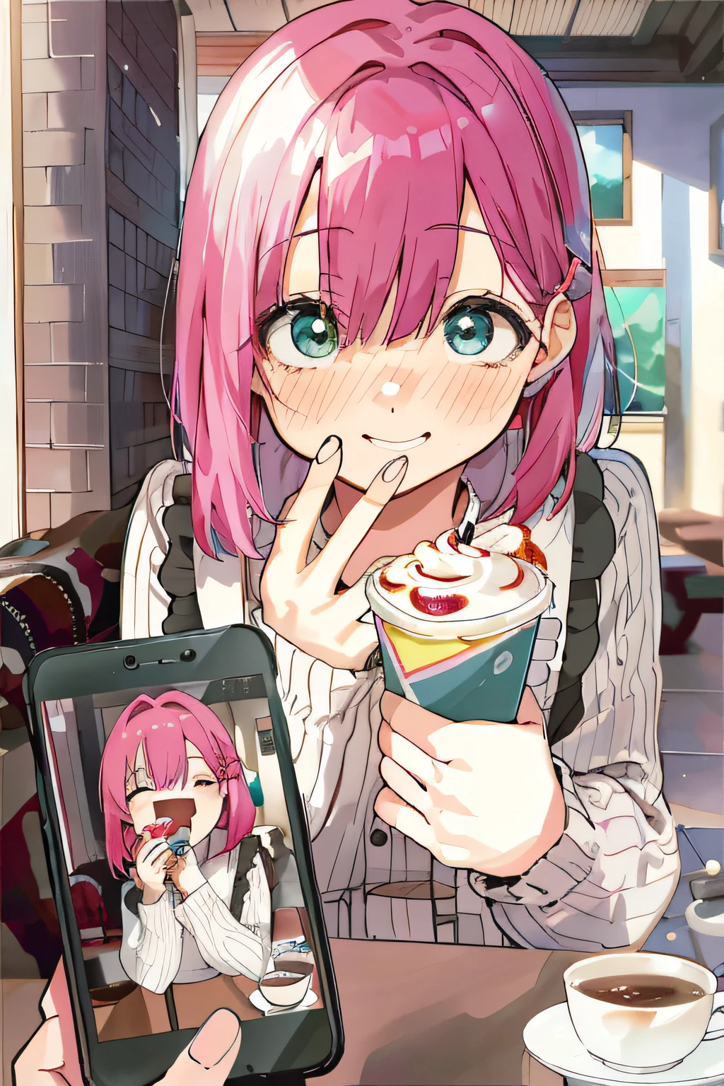 Anime girl with pink hair holding a cup of coffee and taking a picture -  SeaArt AI