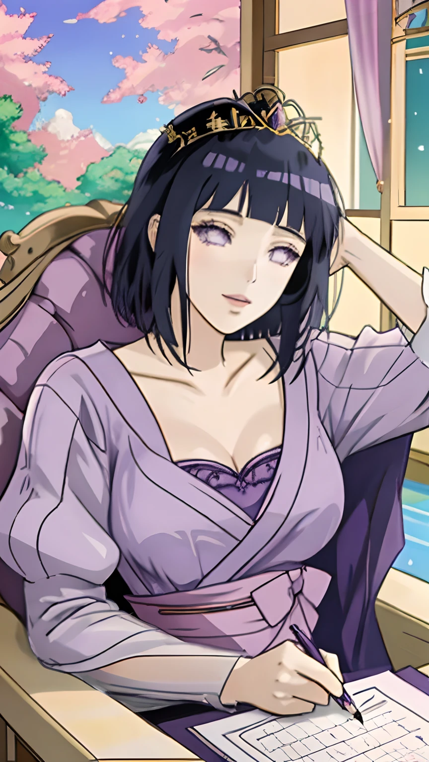 there is a drawing of a woman in a purple dress sitting on a purple chair, hinata hyuga, ((a beautiful fantasy empress)), anime princess,  in an anime style, cel - shaded art style, lovely queen, a beautiful fantasy empress