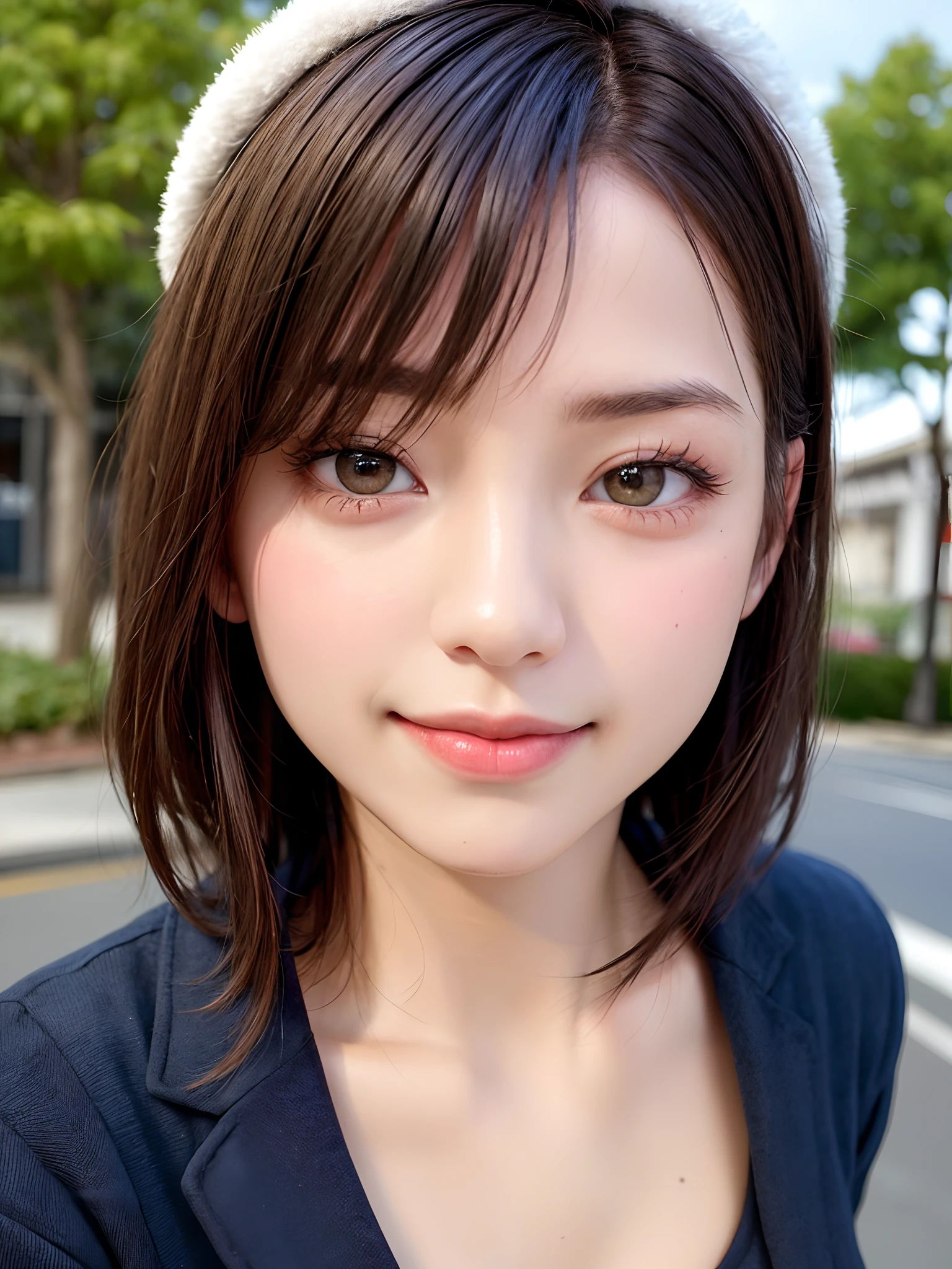 (Face Focus、Very eye focus、Head tilt、Very chest focus、hyper realisitic、Photorealistic、masutepiece:1.4, top-quality:1.4、Add intense highlights to the eyes:1.4、short shiny hair:1.4 ),1girl in, solo, short dark hair, scarf, Hats,, realisitic, looking at the viewers, brown eyes of light color,, shorth hair, coat, Winter clothes, White headscarf, s lips, Lip Gloss:1.4，bangss,a closed mouth, The upper part of the body、big eye、Lashes、((Street))、((Shorthair with bangs:1.4、big eye、Put very strong highlights in your students、{gigantic|Big|Huge|mega} breasts, cleavage、very Bigger breasts、gazing at viewer、Very beautiful beauty、Put your ears out、long neck、little smiling、Close your mouth and smile)))、Beautiful adult woman full of charm:1.4、(Autumn leaves are blue without people or cars々tree-lined street)