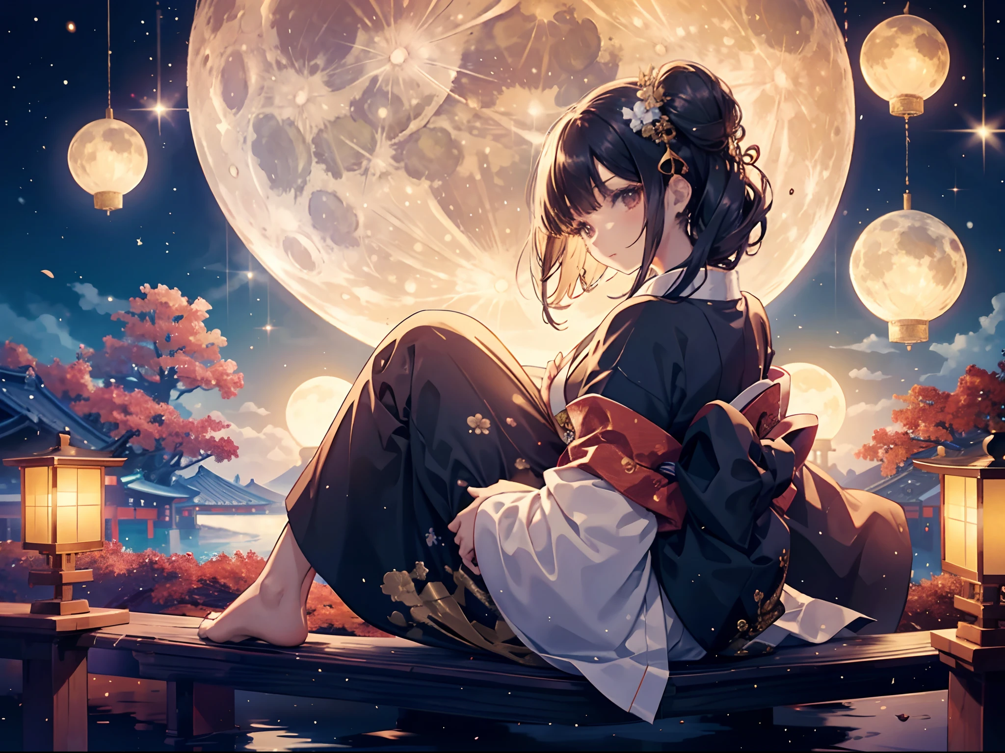 Una niña mira hacia atrás a la luna., Chica con el pelo largo y negro colgando en el suelo, Los kimonos 11 son 10 kimonos dobles usados por las mujeres nobles en el período Heian., La cara oculta de la luna, Chica en la parte de atrás mirando una luna muy hermosa, (En la terraza al estilo japonés:1.2), Deja las albóndigas de luna a un lado, Cerca se coloca un jarrón con hollín, vistoso, ultra detallado, calidad de imagen de alto nivel, [[[[[múltiples brazos]]]]]