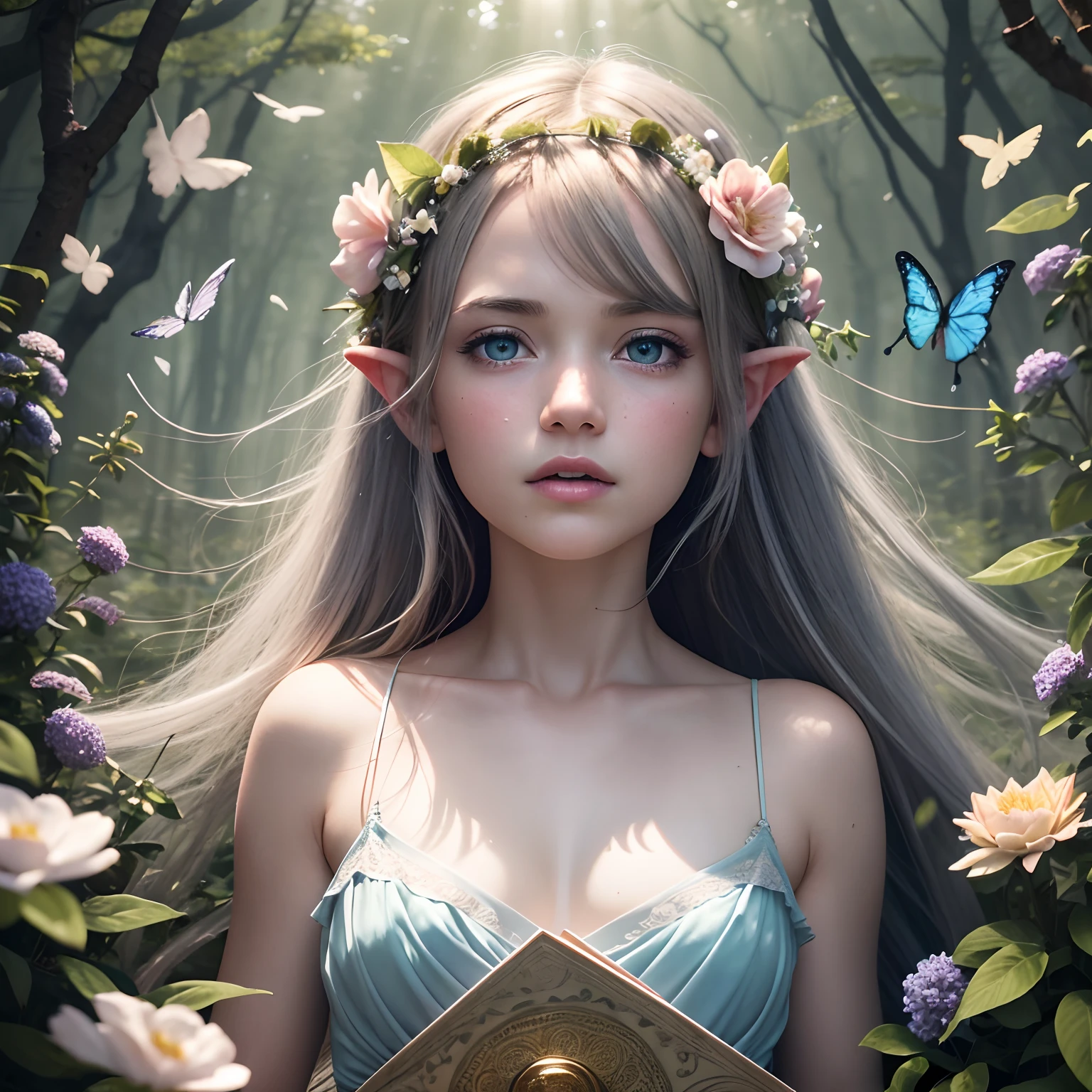 From above, look up, (8k, RAW photo, realistic, photo-realistic, hyper-realistic, highest quality, best quality, masterpiece, highly detailed, absurdres:1.2),
1 elven child, 1 girl, fairy, fantasy,
mushroom circle, surrounded by flowers, delicate features, silver hair, glowing blue eyes, mystical aura, angry expression, tears, delicate features, hand on heart, surrounded by woodland creatures, hair adorned with flowers, wearing a translucent sundress, surrounded by butterflies, surrounded by birds, surrounded by sunlight,
(flowers:1.1), floating petals,
(ultra-detailed 16k skin texture with slight imperfections:1.2),
Cerulean and Emerald colour palette,
ultra-sharp focus, shallow depth of field, Diffused lighting , Radiant light rays, Macro Photography , Volumetric Fog