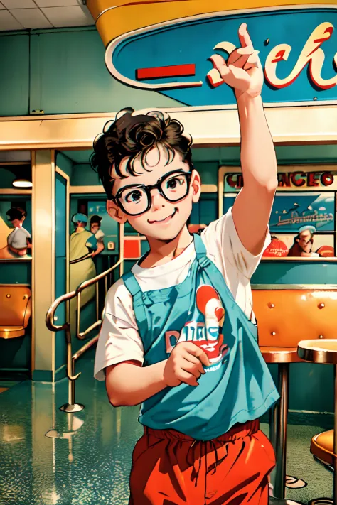 create a realistic image with a nostalgic 1960s diner poster style. it features a 3-year-old boy wearing glasses, joyfully danci...