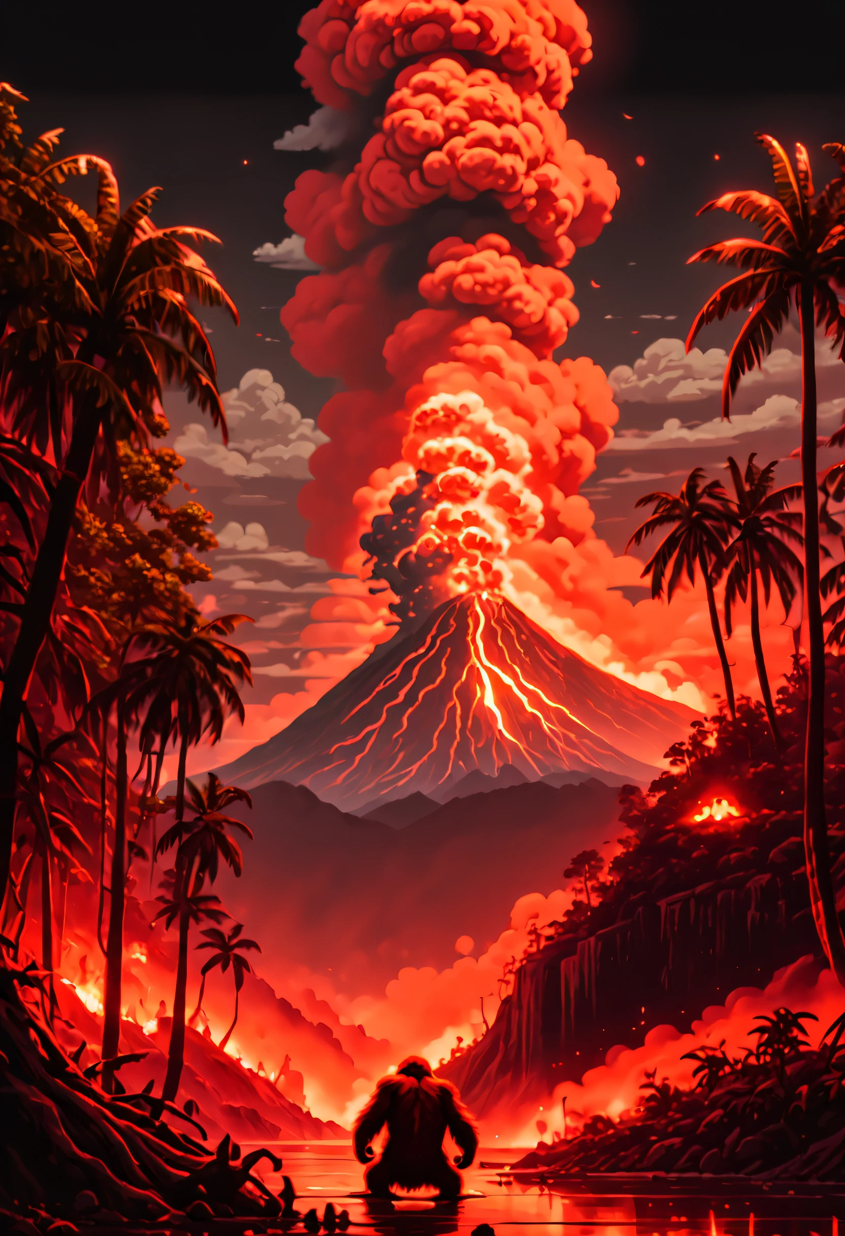 (最高品質,4K,8k,高解像度,傑作:1.2)，放射能汚染と火山噴火，煙が噴き出した，火山の噴火に苛立たしげに腕を振るオランウータンの群れ,非現実的な雰囲気を醸し出す. 月明かりの火山噴火を浴びる， 空中に漂う煙に不気味な輝きを放つ.ドット絵