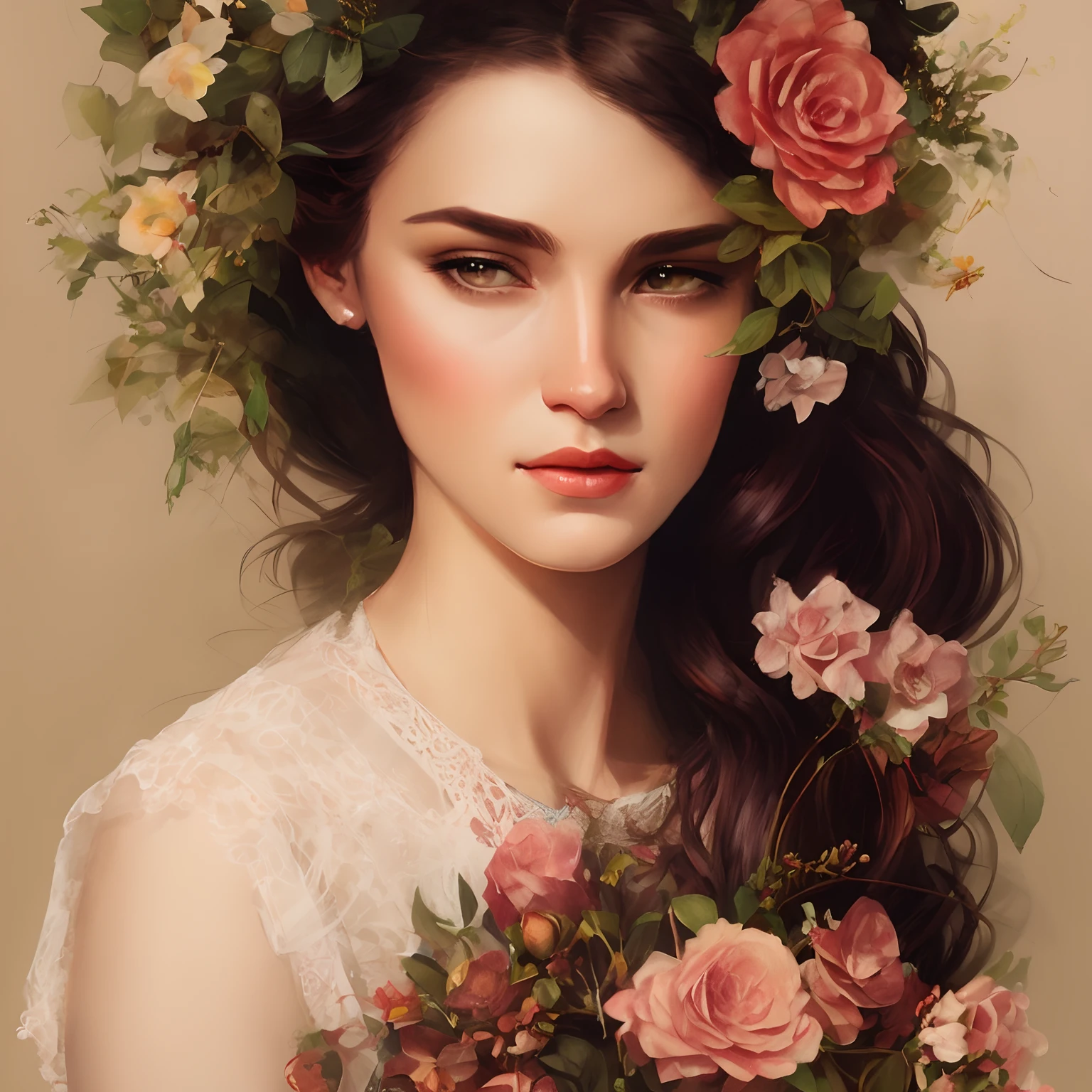 Realistic lithograph sketch portrait of Charlie Bowater, woman, flowers, [gear], pipes, dieselpunk, multicolored ribbons, old paper texture, highly detailed