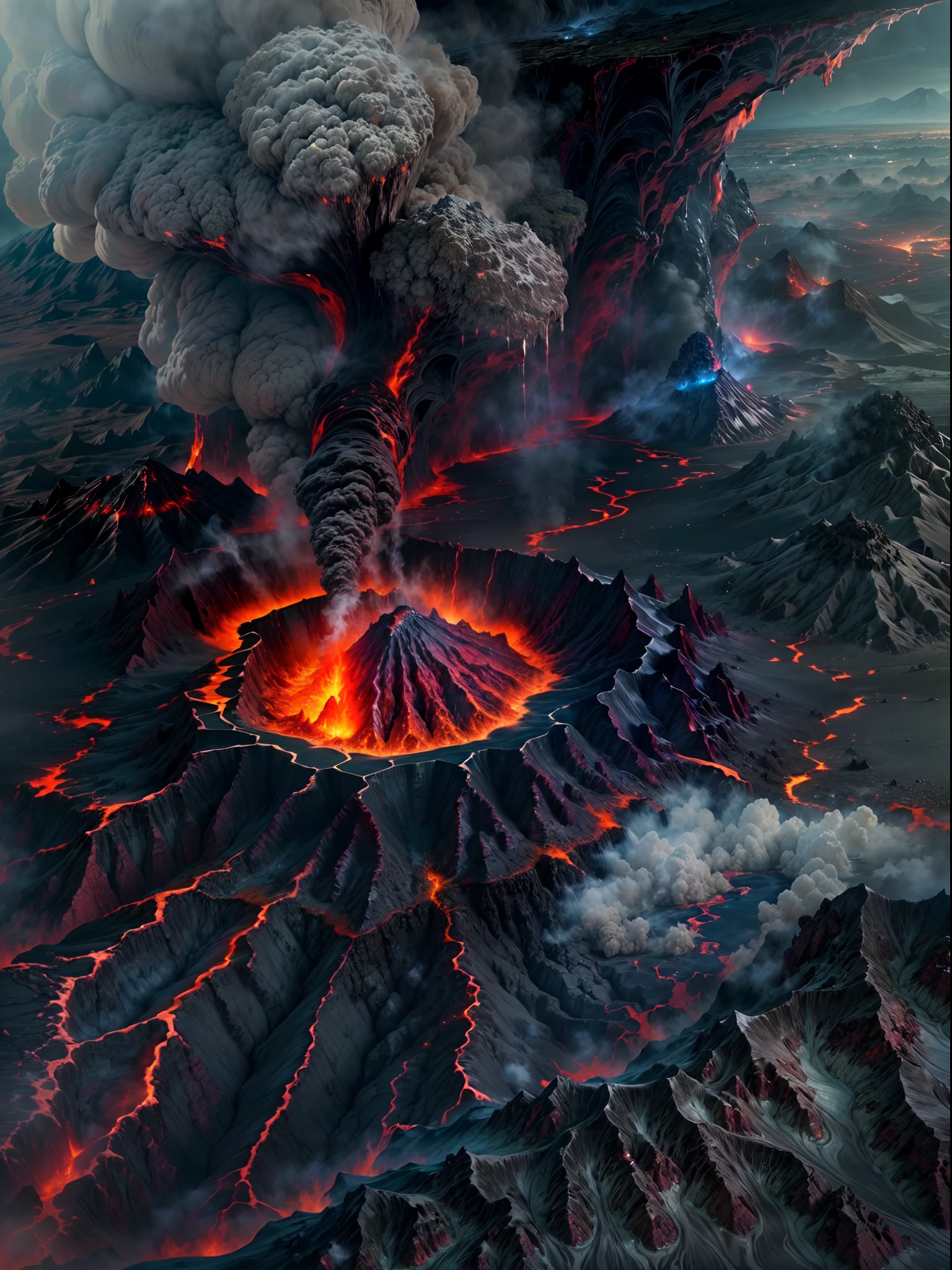 (最好的品質,4k,8K,高解析度,傑作:1.2), (大自然的力量, 最好的品質, 超詳細, 火山爆發, 熔岩流動, 熾熱的岩漿, 冒煙的火山口, 戲劇性的風景, 黑暗不祥的天空, 火紅色和橙色, 滾滾濃煙,熔化的岩石, 紅色的火山岩漿在裂縫中流動，液態岩漿，大量液態岩漿，破壞與混亂, 酷熱, 搖搖欲墜的山脈, 灰燼和碎片, 地球表面的裂縫, 遠處火山爆發,蒸氣噴口,地形險惡,強烈熱浪）