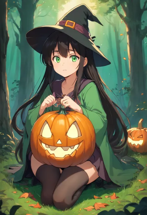 Good in Chevu,1girl in,Strange pumpkin sitting on 1,full-body view,Scary pumpkin bottom,Dressed as a witch,Big witch's hat,leges_Haute,Mini_skirt by the,grand_lower back,change,ghosts, Halloween, immensity_breastsout,cleavage cutout,red blush,Ahegao_faces,...