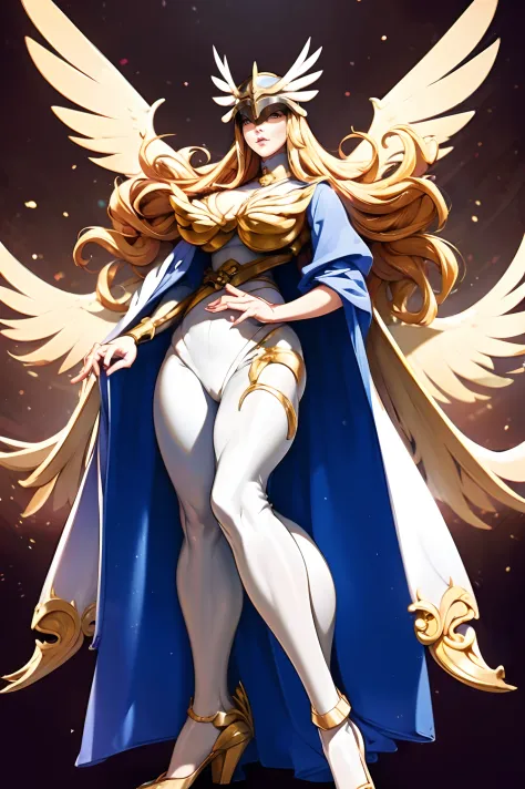 Angewomon，1girll，Beautiful body, huge breast curvy, thicc, full body,woman-medieval-clothes, long skirt, robe, long dress