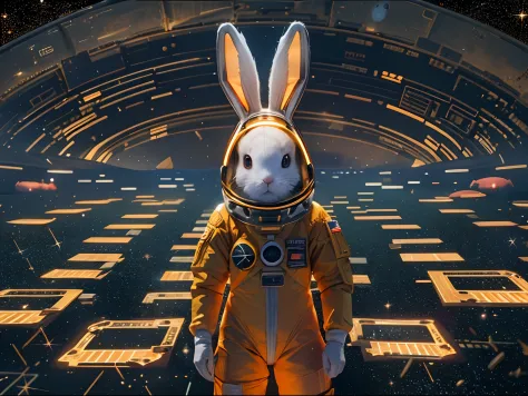 Cute rabbit in spacesuit floating in space,  Some long black alien ships docked behind them, A huge black hole forms behind it。, And the stars behind her swam by .Stand in the center of the planet, Countless golden meteors converged on it.lightpainting, ho...
