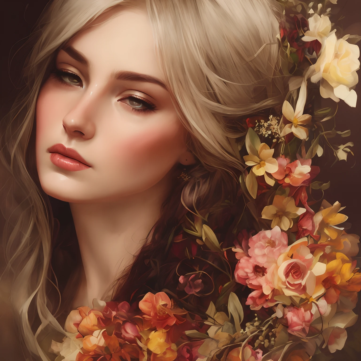 Realistic lithograph sketch portrait of Charlie Bowater, woman, flowers, [gear], pipes, dieselpunk, multicolored ribbons, old paper texture, highly detailed