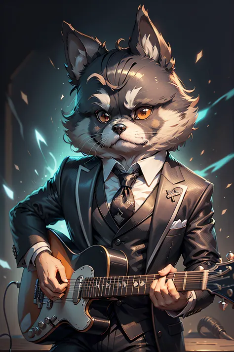 (Man in black suit and tie)Cartoon playing electric guitar、Anthropomorphic Shih Tzu dog