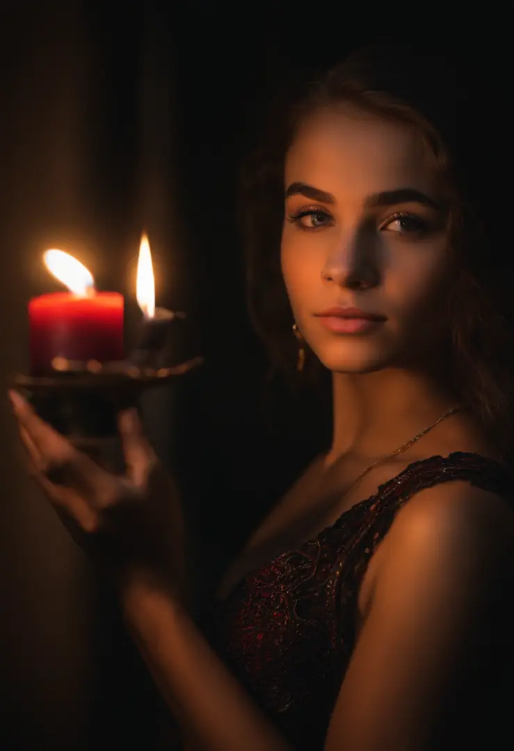 Femme posant pour une photo, 16 ans,  jaw dropping beauty,  She wears a black tank top with a candle in her hand
