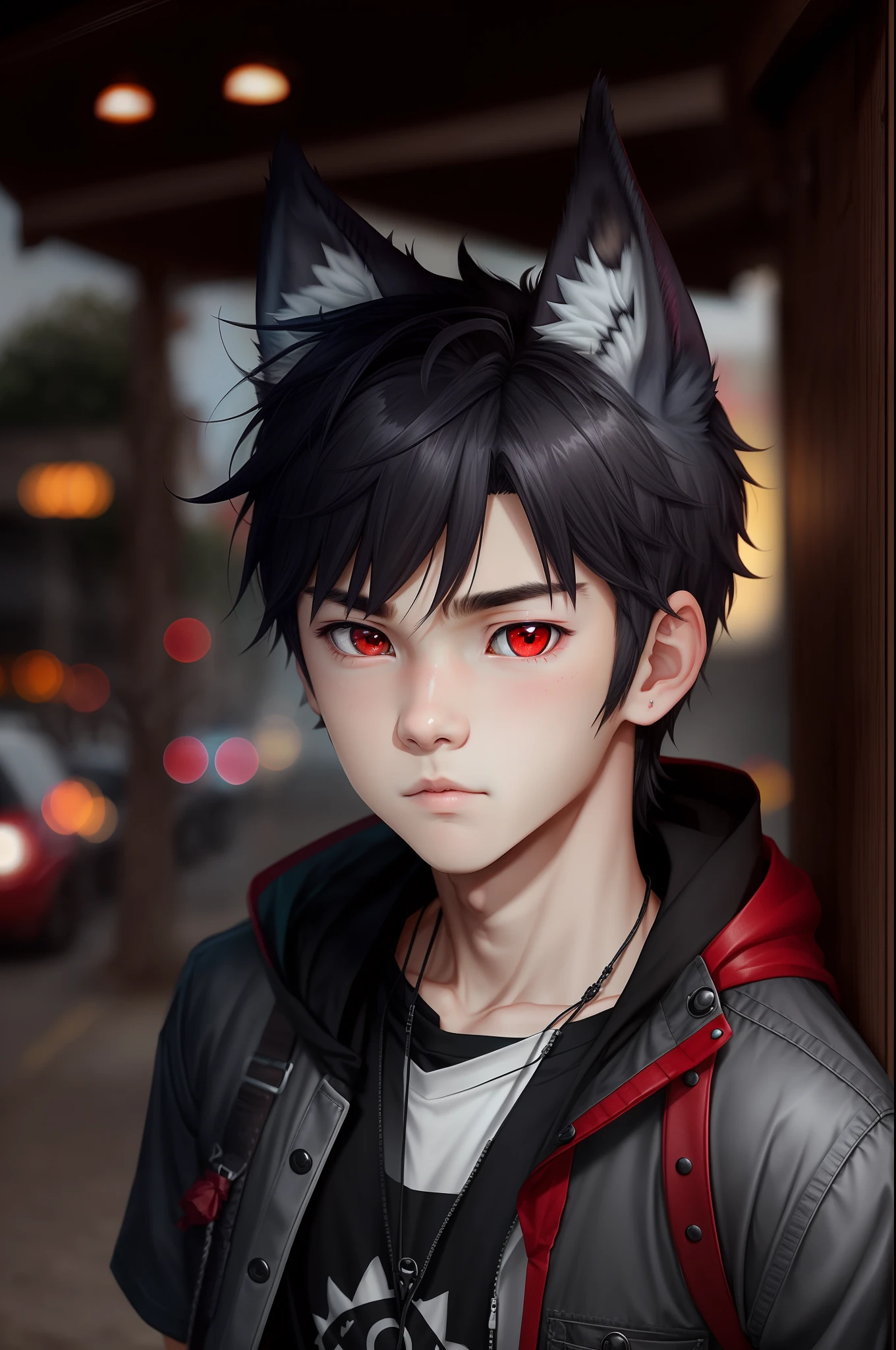 Cute 15-year-old boy with red eyes with wolf ears Personality is