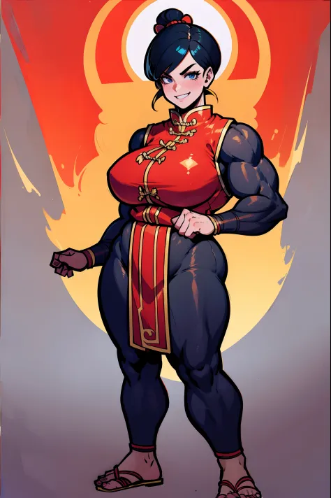 musclegirl, short hair, Chinese clothing, flipflops, black hair, smile, smug, tomboy, masculine girl, standing, karate pov, red clothes, skirt, thicc, curvy, very muscular, oil painting, detailed facial features, detailed eyes and lips, strong jawline, def...