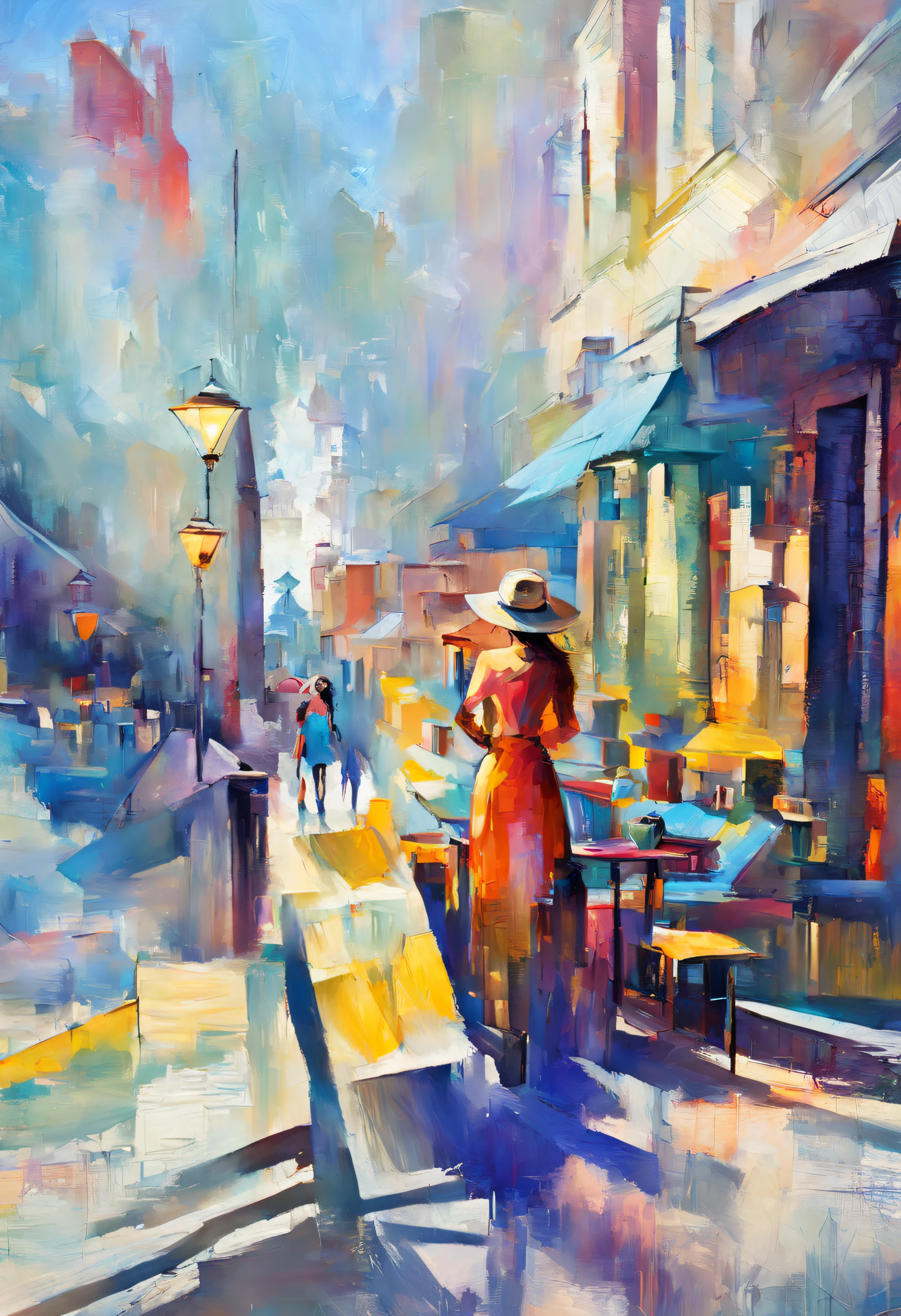 Vista de la ciudad y el horizonte，gran cantidad de colores，Movimiento de multitudes，Hay vehículos que pasan por la carretera para producir sombras voladoras.，Cierra a una mujer delicada tomando café bajo una cálida farola，Estilo abstracto brillante de pintura al óleo