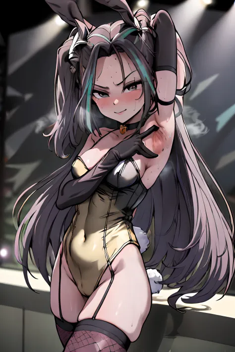 (spread armpit, sweat, armpit:1.4), smile, mlparia, very long hair, thin body, thin legs, performing, (black elbow gloves, collar choker, thighhigh boots, black leotard, bunny girl suit, fishnet stockings, tail coat, stage, spotlight:1.4), (Best Quality,4k...