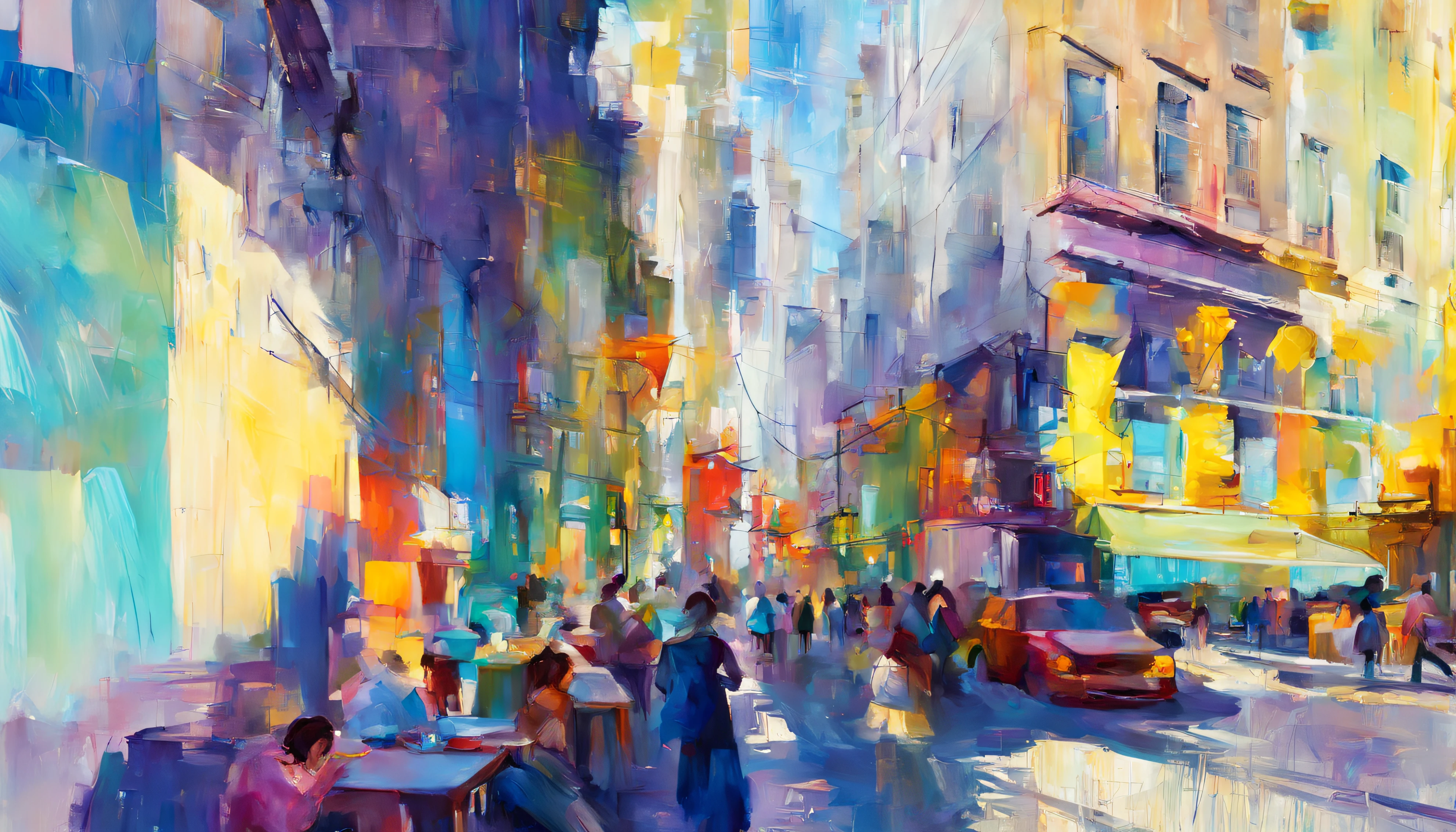 Vista de la ciudad y el horizonte，gran cantidad de colores，Movimiento de multitudes，Hay vehículos que pasan，Produce sombras voladoras，Primer plano de una mujer delicada bebiendo café bajo una cálida farola，Estilo abstracto brillante de pintura al óleo