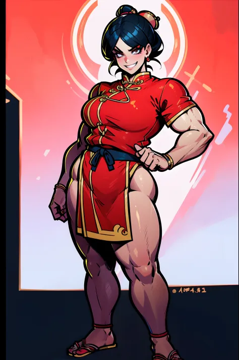 musclegirl, short hair, Chinese clothing, flipflops, black hair, smile, smug, tomboy, masculine girl, standing, karate pov, red clothes, skirt, thicc, curvy, very muscular, oil painting, detailed facial features, detailed eyes and lips, strong jawline, def...