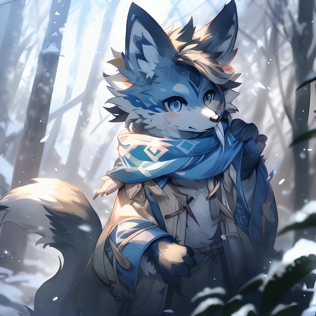 image de style anime d&#39;un loup avec une écharpe et un foulard autour du cou, très très bel art à fourrure, art anthropologique, Tendances sur ArtStation pixiv, art conceptuel de l&#39;hiver, art fursona, art du renard argenté, fanart meilleure station d&#39;art, joli art numérique détaillé, commission pour la haute résolution, fanart détaillé, portrait d&#39;un renard anthropo