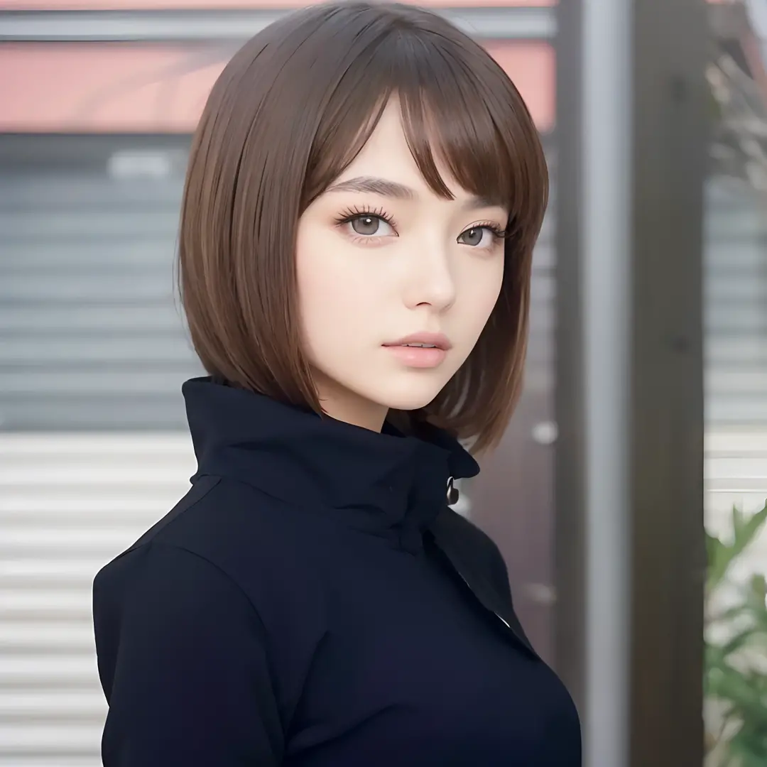 (((Masterpiece))), top quality, super detailed,beatiful girl,brown eye and hair,black clothes