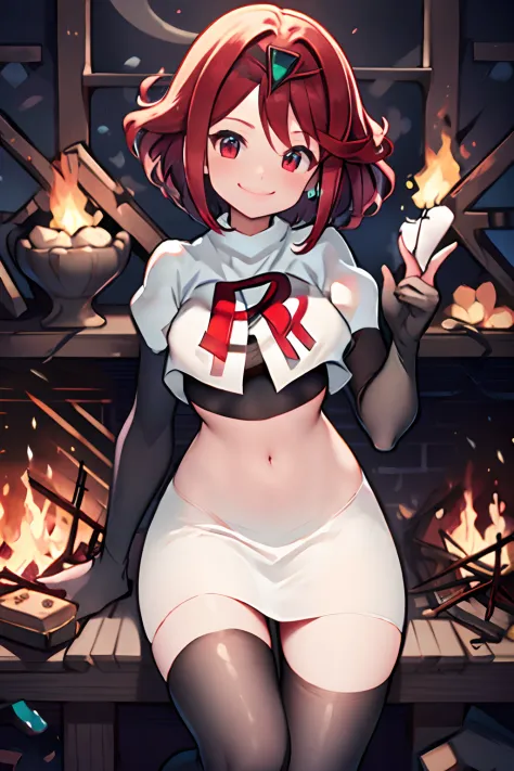 pyra,team rocket,team rocket uniform, red letter r, white skirt,white crop top,black thigh-highs,black elbow gloves, warm smile,...