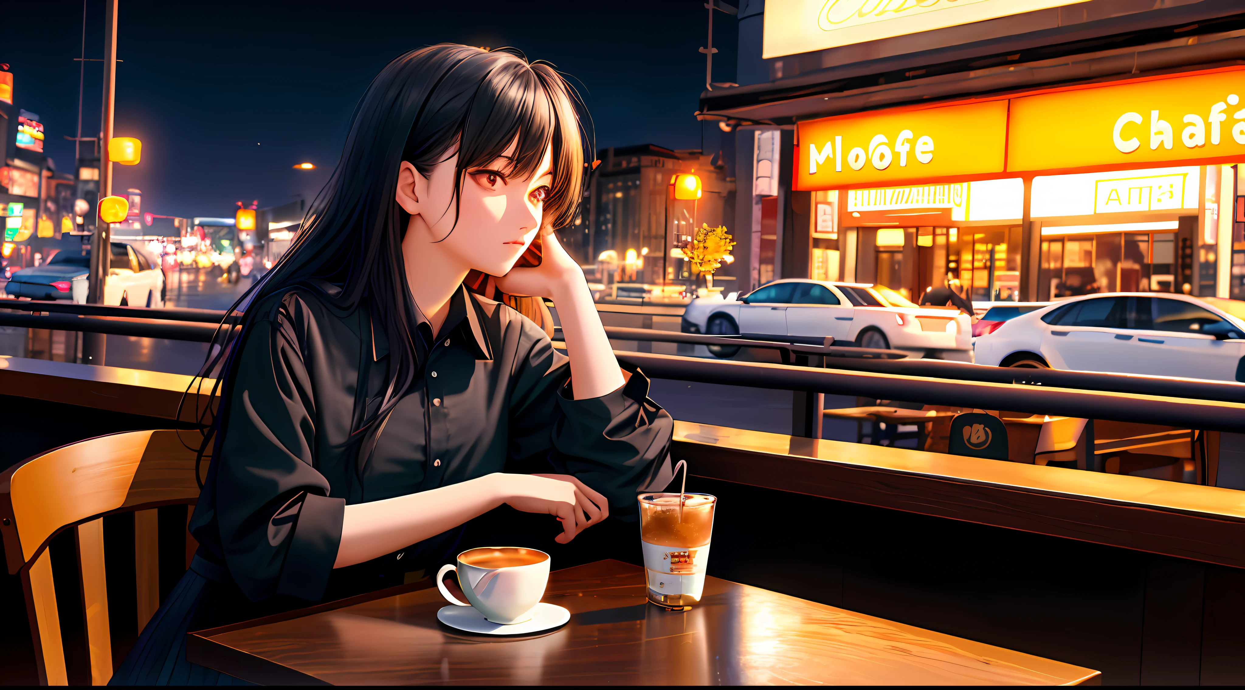 photorealistic,((best quality)),(masterpiece),(ultra detailed),(ultra high res),(pov across table),(arm support),(arm rest),by the window,1girl,black hair,long hair,distracted,sitting,collared shirt,night,cafe,looking away,neon lights,streetspace