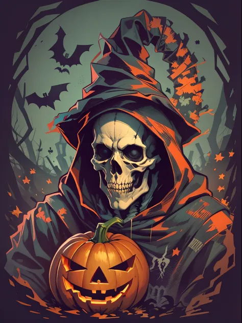 High quality design vector style image, t-shirt print style, graphic art white background of a scary skeleton with Halloween pumpkin head, bright and realistic colors, fantasy style halloween backdrop