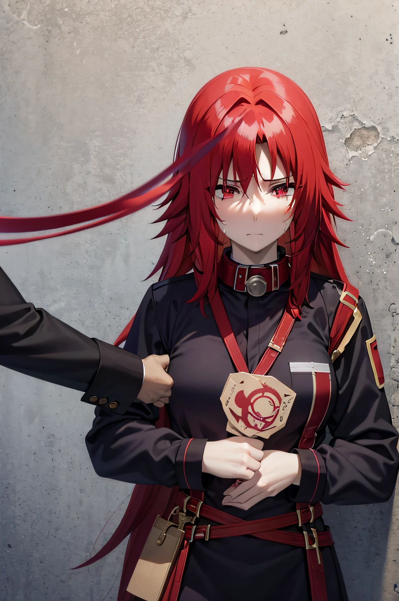 Anime girl with red hair and black outfit holding a card - SeaArt AI