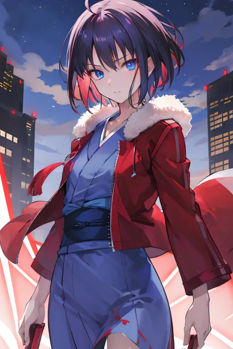 masutepiece, best quality, hight resolution, humushiki, short hair, ahoge, red jacket without emblem, blue eyes, blue kimono wit...