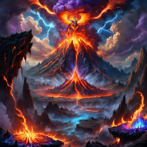 Doomsday landscape，a volcano erupts，Flame sputtering，blasts，molten lava，The phoenix emerged from the smoke，Liquid lava，Colorful ...