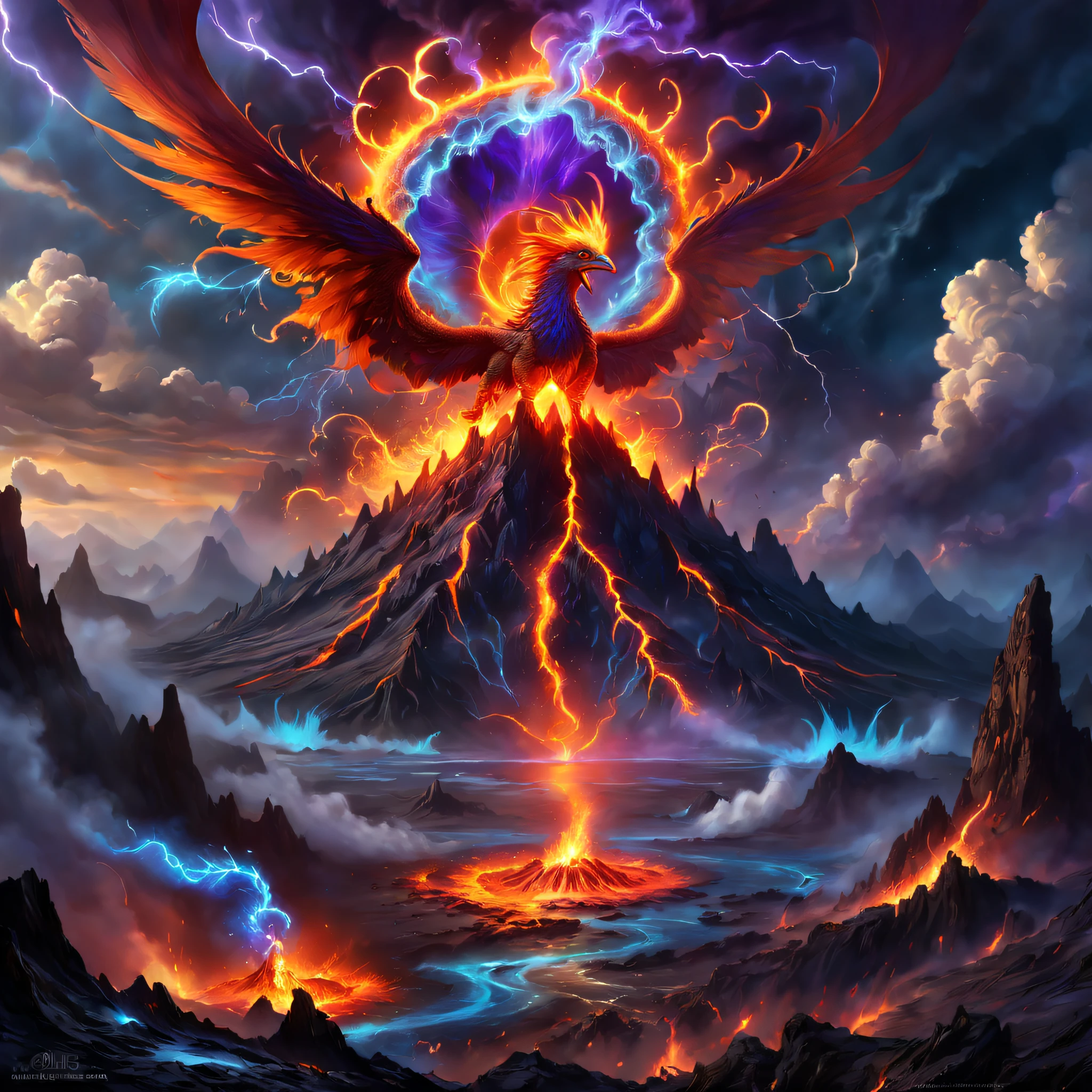 Doomsday landscape，a volcano erupts，Flame sputtering，blasts，molten lava，The phoenix emerged from the smoke，Liquid lava，Colorful phoenix，Paired with purple and blue, fantasy highly detailed, With gorgeous magic lightning rings, magia, beautiful detailed fantasy, hyper-high detail, , magic fantasy highly detailed, stuning fantasy 3 d render, Inspired by L. Highly detailed aesthetics, hyper-high detail