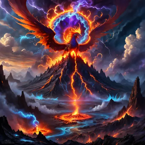 Doomsday landscape，a volcano erupts，Flame sputtering，blasts，molten lava，The phoenix emerged from the smoke，Liquid lava，Colorful ...