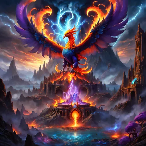 Doomsday landscape，a volcano erupts，Flame sputtering，blasts，molten lava，A phoenix emerges from the smoke，Liquid lava，Fire Palace...