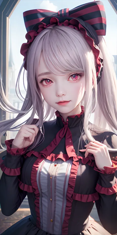 , best quality, ShalltearV4, 1girl, solo, dress, frills, bow, hair bow, fang, slight smile, pale skin, glowing, glowing eyes, po...