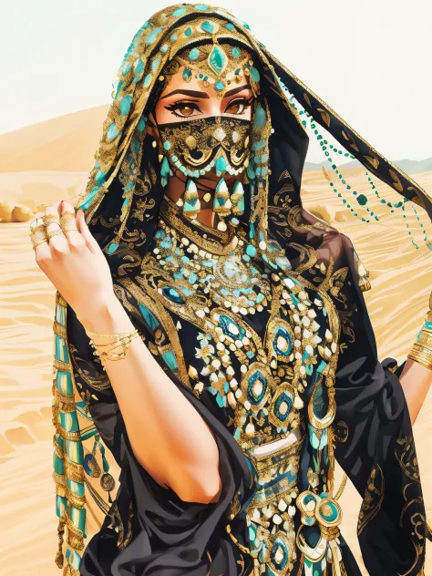 arafed woman in a black dress and a veil with a gold border, arab inspired, arabian beauty, arabian princess, wearing an elegant...