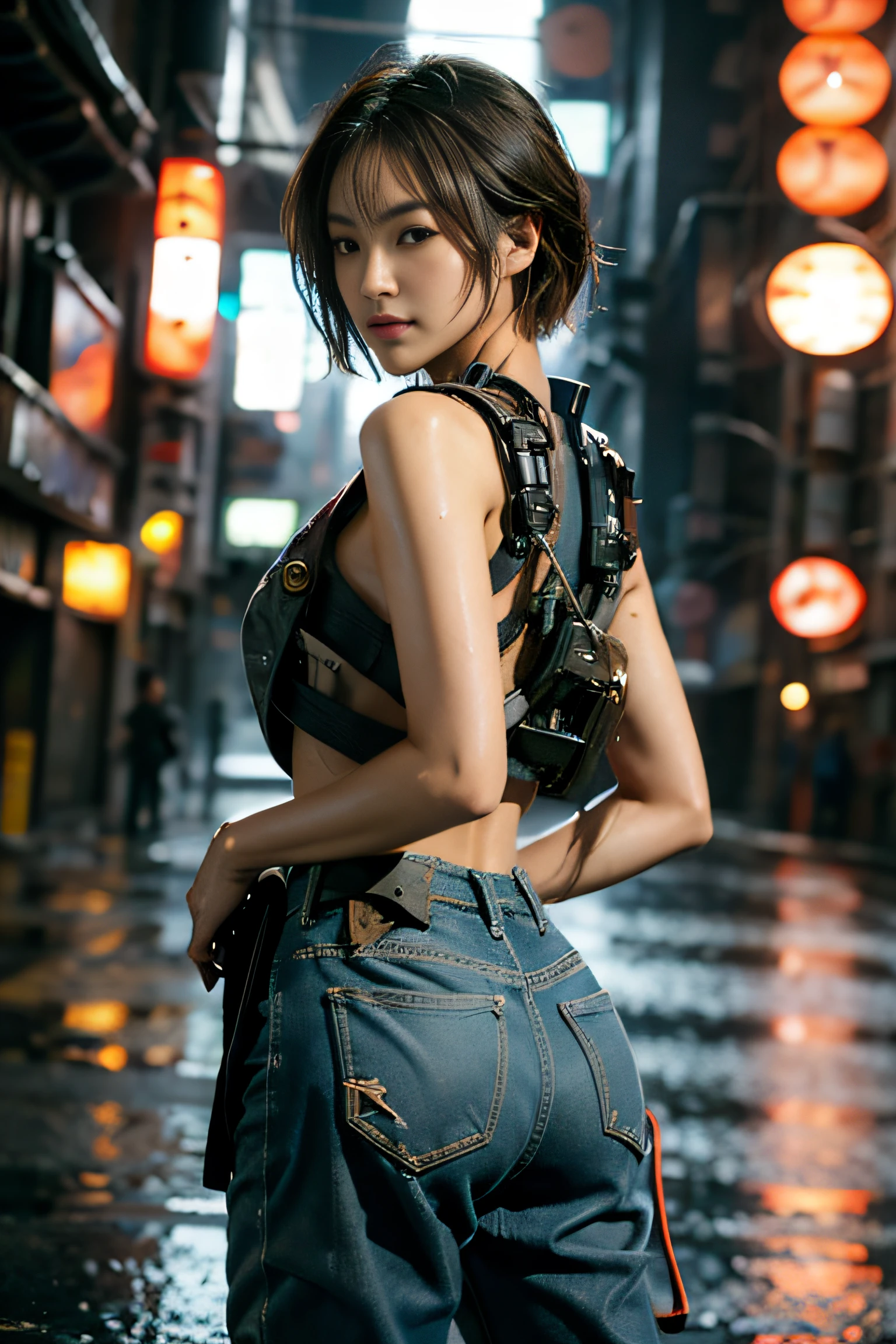 (masterpiece:1.2), (realistic, photo realistic:1.37), perfect anatomy, highly detailed background, shiny skin, (Japanese famous actress:1.5), (gyaru), flat chest, brown race, dark skin, blond hair, (very short hair:1.2), cinematic lighting, (dynamic Pose), cowboy shot, denim pants, (urban techwear:1.5), (wet hair, a wet cloth, water drop on the skin:1.1), (cyberpunk city, neon, lasers:1.3), (looking back:1.2),