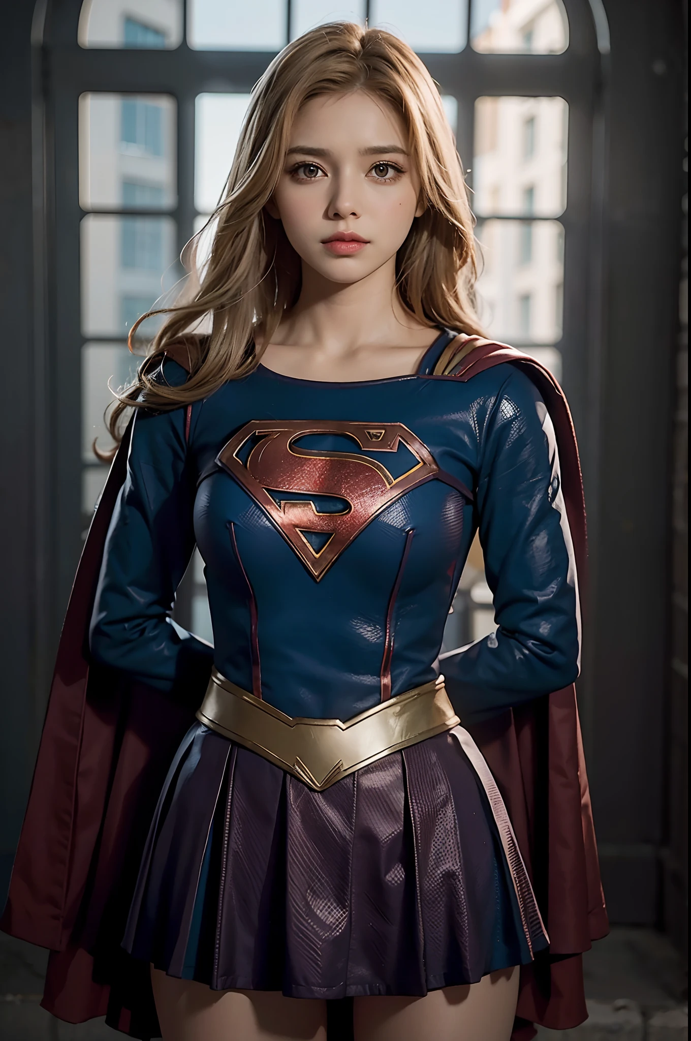 Belle femme portant un cosplay de Supergirl , cheveux roux taches de rousseur  , bras croisés