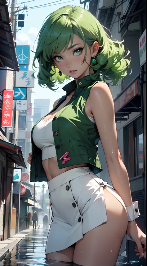 girl r,(1girl:1.3),((extremely cute and beautiful green curly-haired  anime girl walking down the street)), (short breasts:1.4),(((green curly  hair:1.35 - SeaArt AI