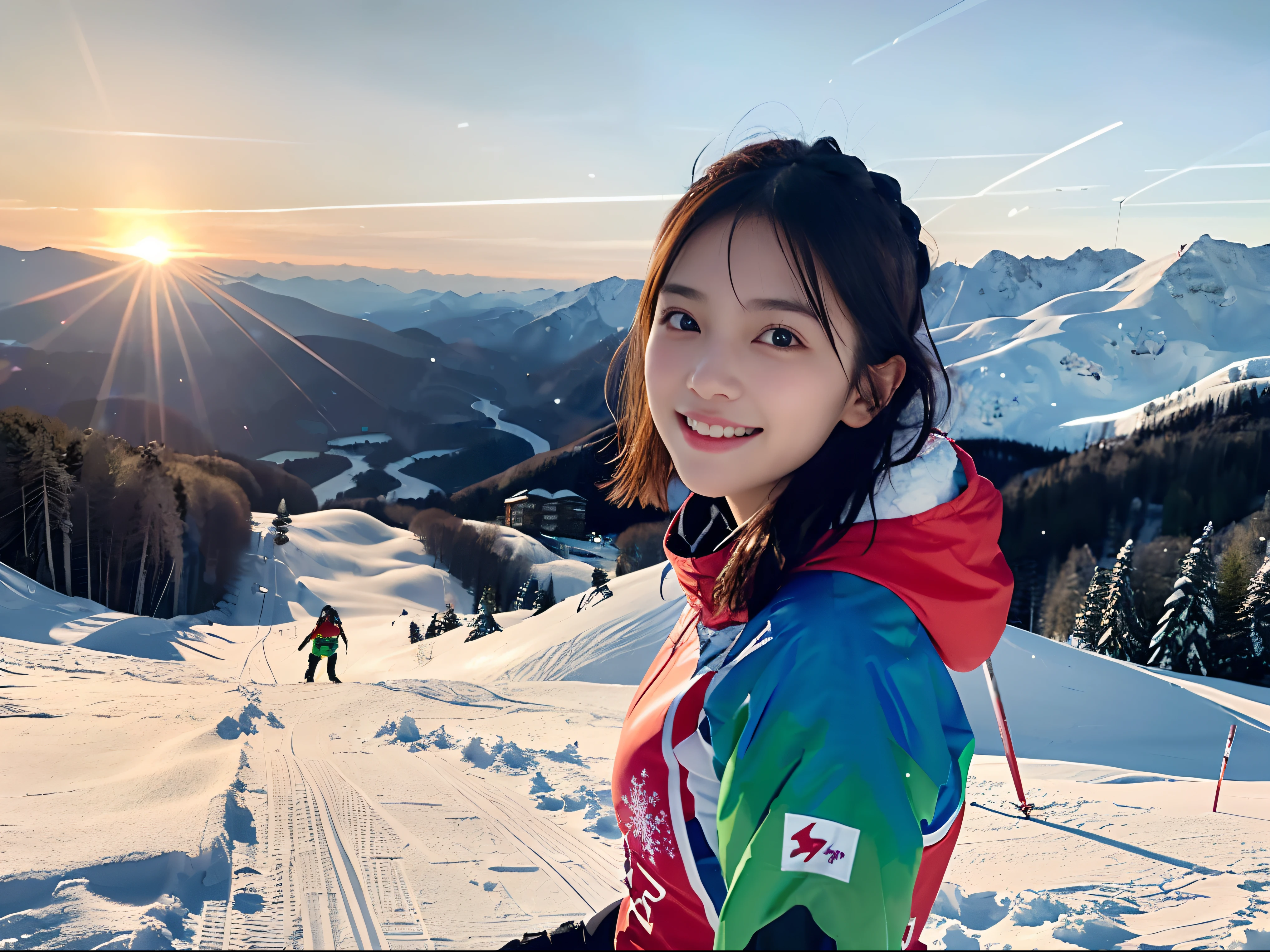 (Portrait d&#39;une jeune fille aux petits seins minces et aux cheveux courts en tenue de ski colorée:1.5)、(Une fille skiant avec un visage frimeur et un petit sourire :1.5)、(Jardin de ski de neige:1.5)、(Beau ciel coucher de soleil 1.5)、(Anatomie parfaite:1.3)、(pas de masque:1.3)、(doigts complets:1.3)、Photoréaliste、Photographie RAW、dessus de la table、qualité supérieure、haute résolution、délicat et joli、visage parfait、Beaux yeux détaillés、peau claire、vraie peau humaine、pores、((jambes fines))、(cheveux foncés)