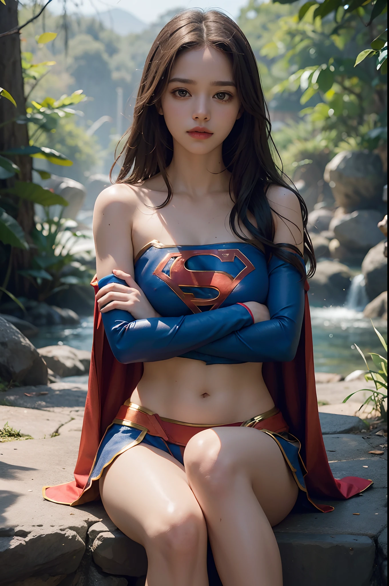 a one woman , long blonde hairdress dressed as supergirl ,Imagem real Braless Arms Crossed 4K nsfw