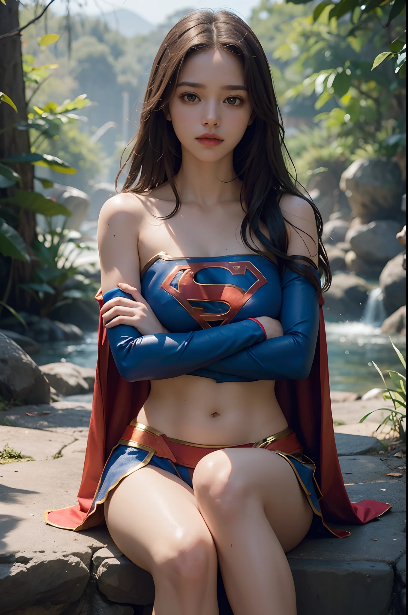 uma mulher , vabelo loiro longo vestida de supergirl ,Imagem real Braless Arms Crossed 4K nsfw