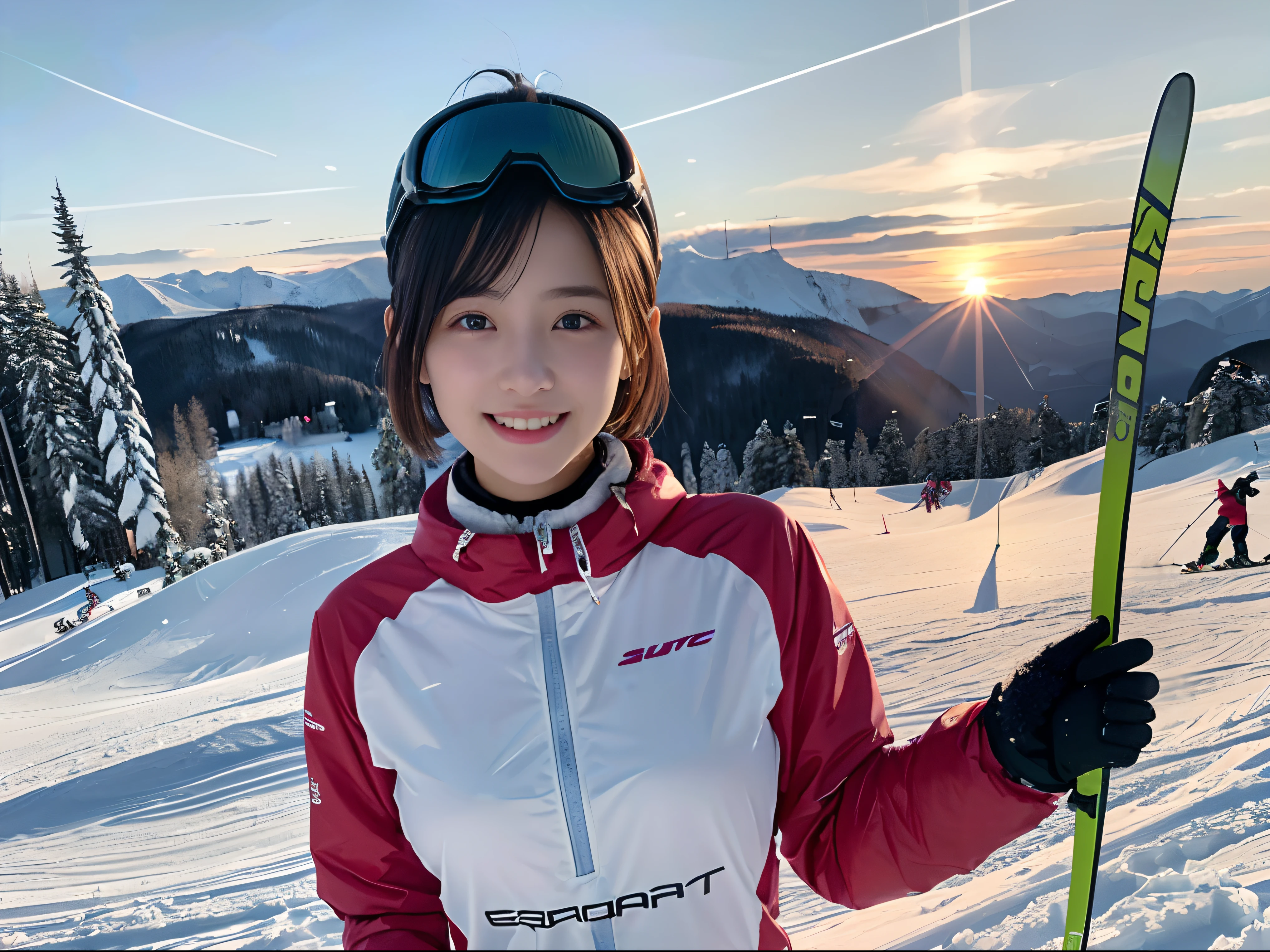 top-quality、超A high resolution、​masterpiece:1.3), Snow ski resort crowded  with many people, masutepiece, Midhair with bangs, Detailed moisturized  eyes - SeaArt AI