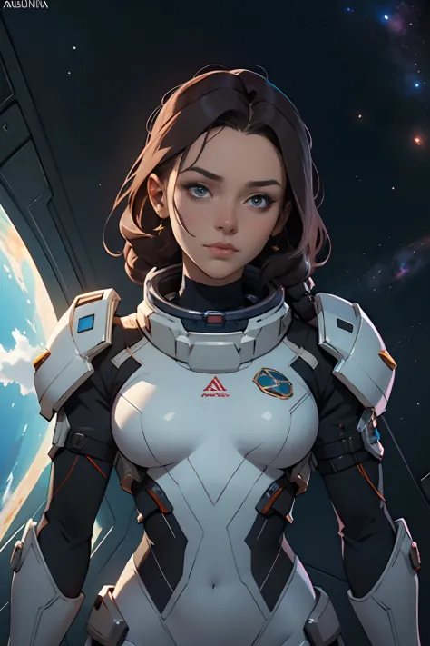 uma mulher com cabelos ruivos vestindo um terno futurista, corpo inteiro, traje blindado astronauta girl, anime space cadet girl...