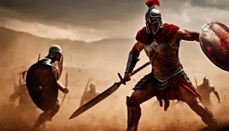 A spartan warrior with bloody armor, fiercely battling on the battlefield. (best quality, 8k, epic:1.2), going to attack with furious rage.