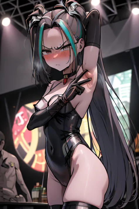 (shy, blush, angry, spread armpit, armpit:1.4), mlparia, very long hair, thin body, thin legs, (black leather elbow gloves, collar choker, leather thighhigh boots, black leotard, bunny girl suit, fishnet stockings, tail coat, stage, spotlight:1.4), (Best Q...
