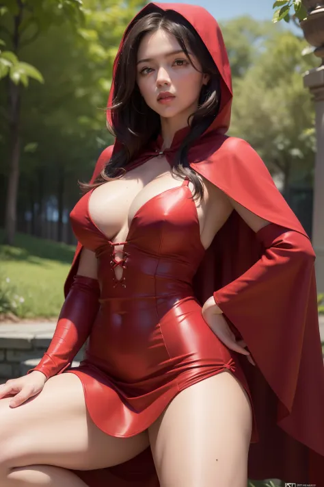 ((masterpiece, best quality, ultra-detailed, ultra-HD, photorealistic, cinematic)), medium camera shot, sensual pose, ((from below)), (alluring female as red riding hood), perfect anatomy, large cleavage, proportioned hands, red loose waves hair, (knee-len...