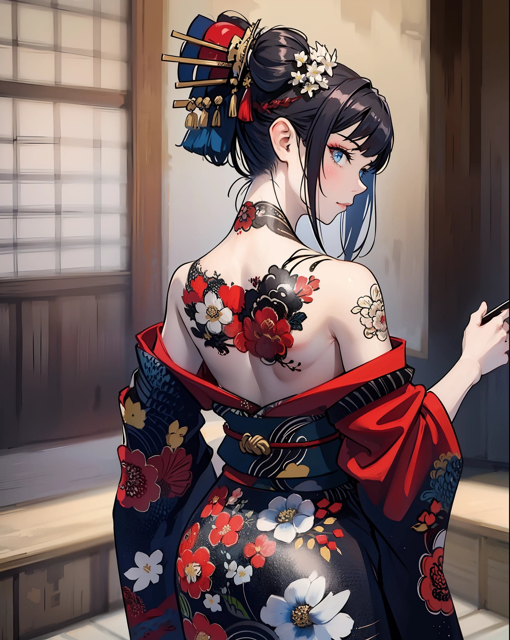masterpiece, top quality, best quality, official art, beautiful and aesthetic:1.2),1girl, tattoo, solo, japanese clothes, red and black kimono, hair ornament, unsheathing, black hair, sheath, back tattoo, dragon tattoo, blue eyes, off shoulder, bare shoulders, looking back, from behind, flower, looking at viewer, holding, makeup, outdoor,
